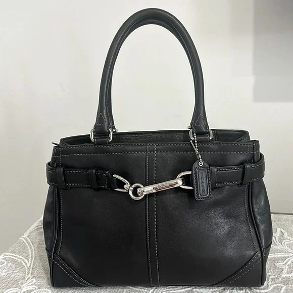 Coach Authentic EUC Hampton Smooth Black Leather Belted Detail Satchel Bag/COA - Picture 1 of 15